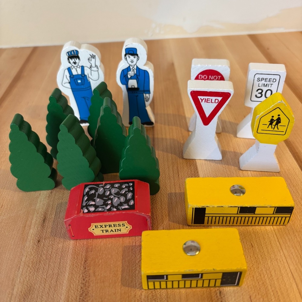 Melissa and Doug wooden train set replacement pieces Conductor, Engineer, signs